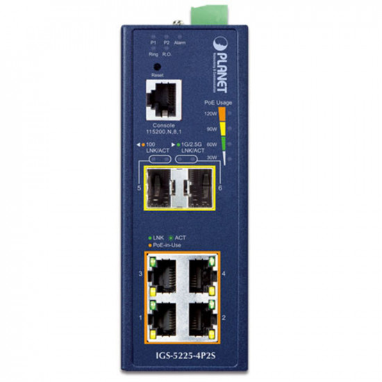 IGS-5225-4P2S Industrial L2+ 4-Port 10/100/1000T 802.3at PoE + 2-Port 1G/2.5G SFP Managed Ethernet Switch