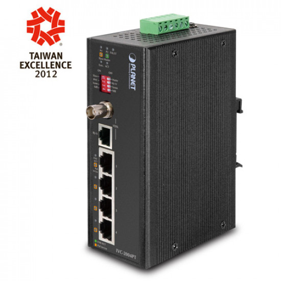 IVC-2004PT - 4-Port 10/100TX with PoE+ 1-Port BNC / RJ-11 Industrial Ethernet Extender (-40 ~ 75 degrees C)