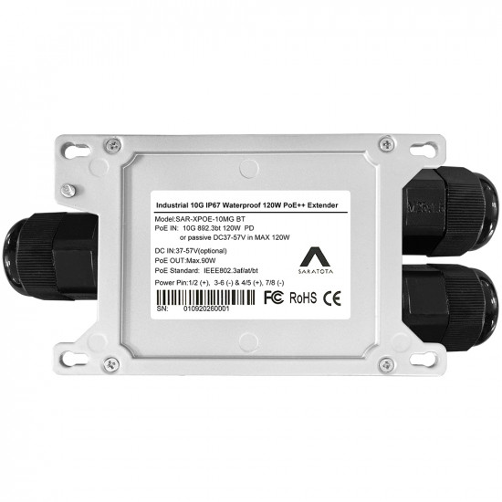 SAR-XPOE-10MG-BT Industrial 1-Port IP67 Waterproof Multi-Gigabit 802.3bt PoE++ Extender 120W